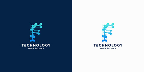 letter F data tech logo design with gradient color