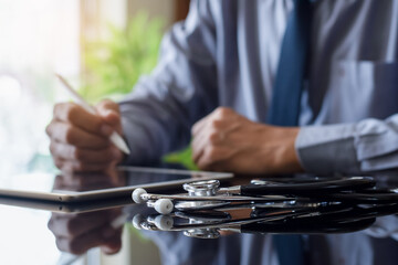 Male doctor work on digital tablet at medical clinic.