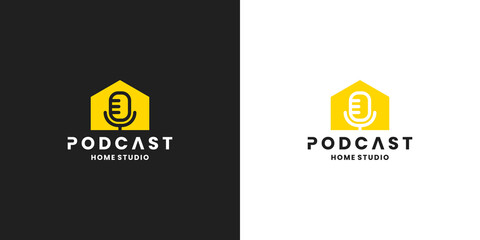 podcast studio logo design. microphone combine with house