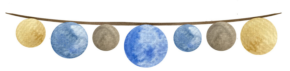 Watercolor baby garland decor in boho style with blue and beige circles