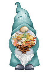 Little cute autumn gnome with mushrooms basket. Hand drawn watercolor  child illustration. Printable art. Isolated clipart element on white background