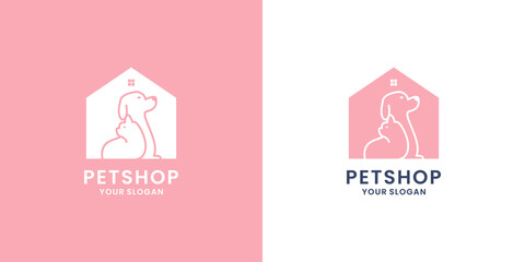 creative pet house logo design. cat and dog combine with house