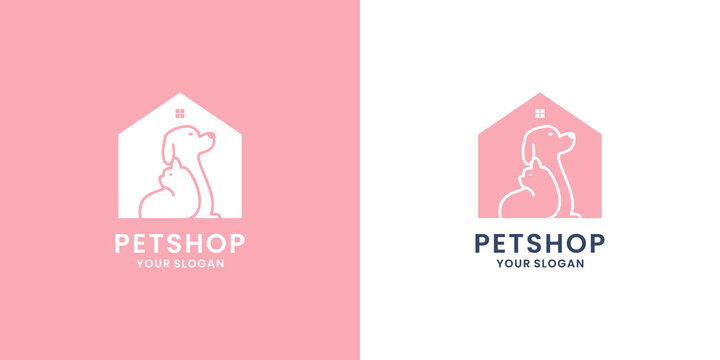 creative pet house logo design. cat and dog combine with house