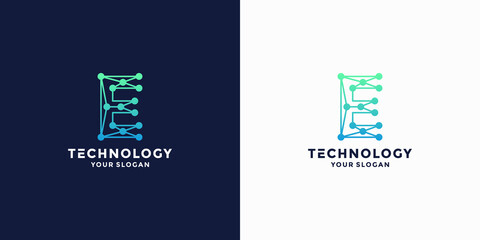 letter E logo design digital technology, connect, dot concept.