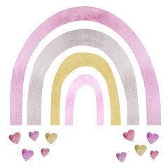 Watercolor baby girl boho nursery rainbow in pink colors with hearts