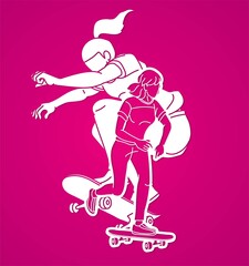 Skateboarder Action Skateboard Players Extreme Sport Cartoon Graphic Vector