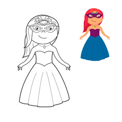 a coloring book, a cute princess in a dress, a mask and a crown. vector cartoon illustration