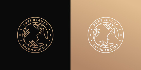 elegance woman face combine with leaf logo design with golden color