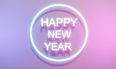 3D Rendering concept of Panorama banner of happy new year text with elements composition neon light background. 3D Render. 3D illustration.