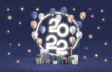 Rendering concept of Happy new year text 2022 with elements composition in dark background. 3D Render. 3D illustration.