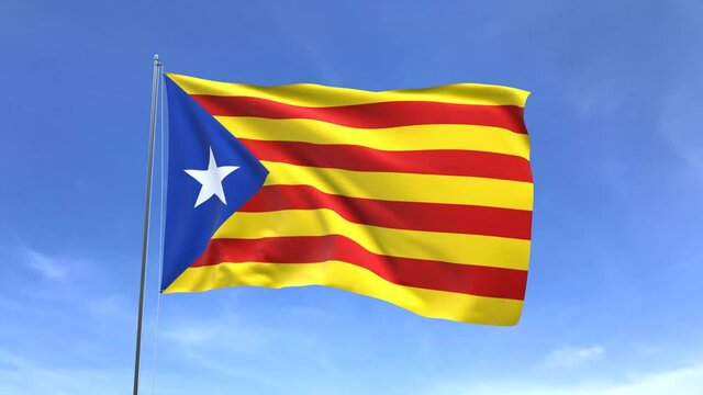 Catalonia flag Waving on blue sky background.