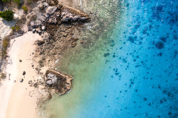 High angle view of the sea and sandy beach on the island, beautiful blue water.