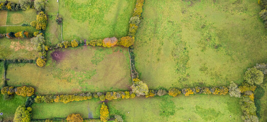 Panorama view of Autumn Colors over Somerset fields from a drone, England, Europe