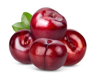 Fototapeta na wymiar red cherry plum with leaf isolated on white background