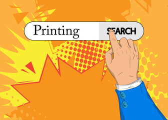 Virtual search bar with the text Printing. Businessman pushing his right hand index finger to touch a search icon. Print on printer business concept.