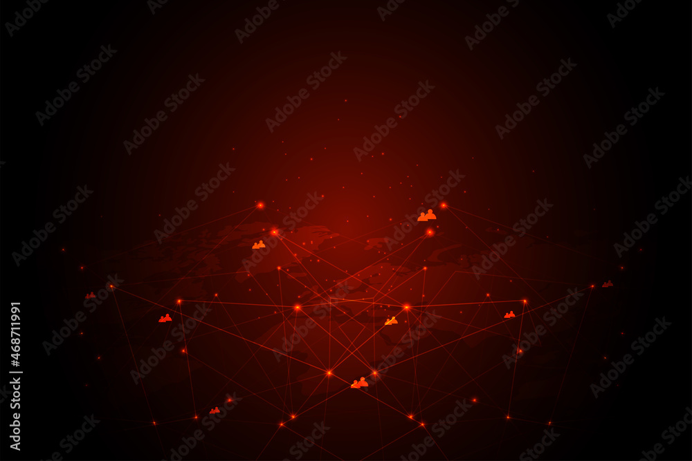 Poster Global cyber attack.Internet network communication under cyber attack with dark red background and icons, worldwide propagation of virus online.Vector illustration.