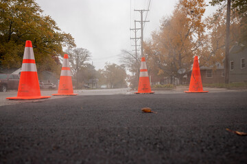 Road work with traffic cones on the road