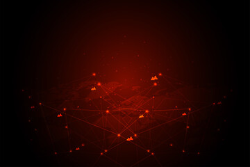 Global cyber attack.Internet network communication under cyber attack with dark red background and icons, worldwide propagation of virus online.Vector illustration. - obrazy, fototapety, plakaty