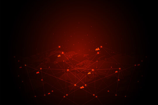 Global cyber attack.Internet network communication under cyber attack with dark red background and icons, worldwide propagation of virus online.Vector illustration.