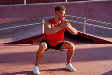 male athlete with dumbbells in hands training in the park