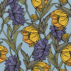 Seamless pattern with floral ornament. Vector flowers poppy, rose and carnation.