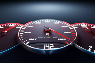 3D illustration close up black speedometer with cutoffs 2022 and calendar months. The concept of the new year and Christmas in the automotive field. Counting months, time until the new year.