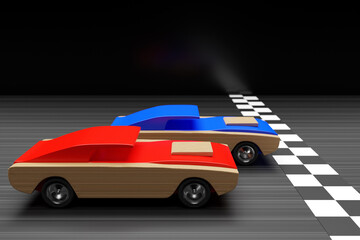 3D illustration of car racing with children's cars. Fight at the finish line of two racing kids convertible cars at high speed