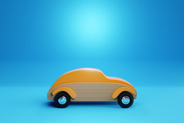 3d illustration of a child's toy red wooden car on the blue isolated background.  Eco-friendly toy for parents and children
