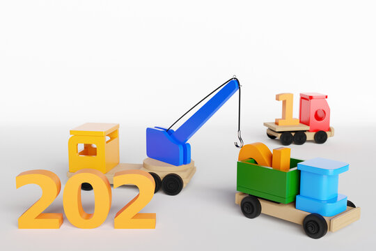 3D rendering of New Year's date 2022 on a kids toy truck. Image of a calendar. Symbol of the coming year. Changeability of years.