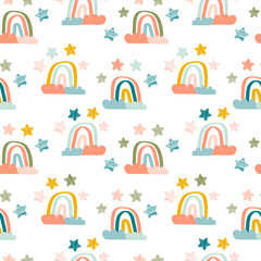Cute childish seamless pattern, raster version. Abstract childish seamless pattern with hand drawn rainbows, stars and clouds. Trendy kids background