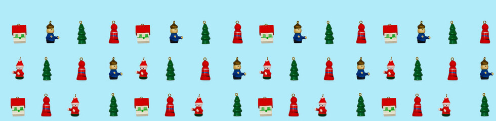 christmas or new year wooden decoration flat lay, eco friendly toys and zero waste concept, miniature small house, man, christmas tree, counting matarial for kids, festive holidays background