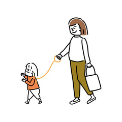 子供用ハーネスで散歩する親子のイラスト