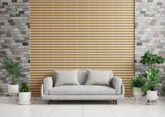 Living room with a sofa on the floor, plant pots on the sides and a wooden wall in the back.3d rendering.