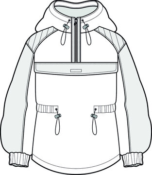anorak jacket men and women unisex hooded jacket flat sketch vector illustration
