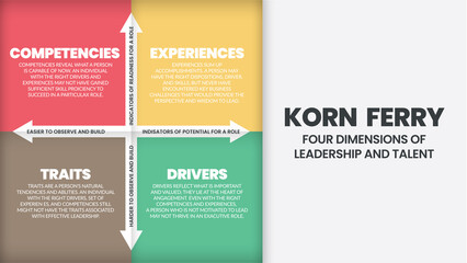Four dimensions of leadership and talent have vector boxes such as competency, experiences, traits, and driver. The matrix presentation depended on readiness, potential to observe and build each type.