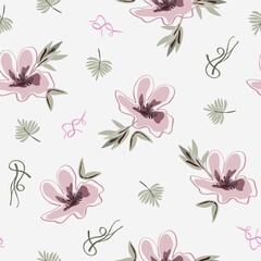 Fototapeta na wymiar Abstract seamless floral pattern, vintage style, flowers, waves, shapes, elements, ornament, white background, hand drawn, packaging, wallpaper, design for textiles, vector