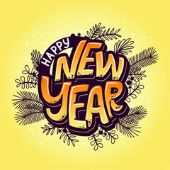Happy New Year hand lettering calligraphy. Vector holiday illustration element. Typographic element for banner, poster, congratulations.