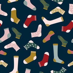 Seamless  pattern, abstract socks on a dark blue background. Hand drawing. Design for textiles, wallpapers, printed products. Vector illustration