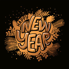 Happy New Year hand lettering calligraphy. Vector holiday illustration element. Typographic element for banner, poster, congratulations.