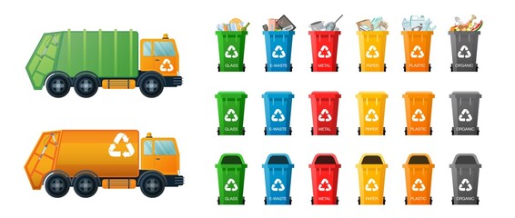 Plastic bins and truck for garbage. Vector Garbage collection with Garbage trucks and containers for different types of trash: Organic, Plastic, Metal, Paper, Glass, E-waste. Waste management set