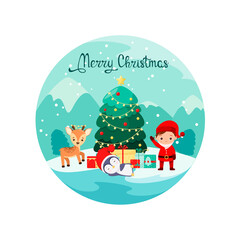 A Christmas card with a child in a Santa costume and a cute fawn.