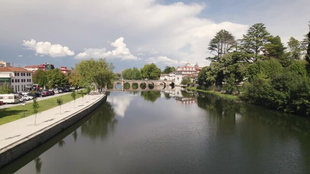 Trajano Bridge, downstream view of the Roman bridge of Chaves. Calm and relaxing promenade