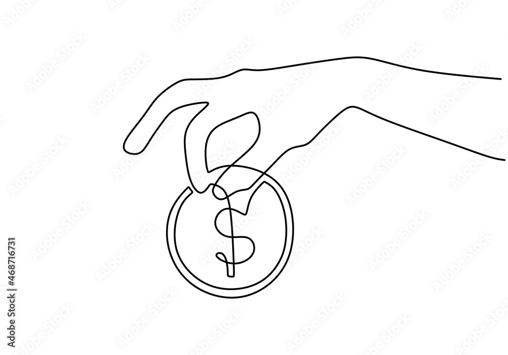 Wall mural hand holding dollar coin continuous line drawing - Wall murals