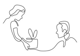 line drawing of man give a gift to woman.
