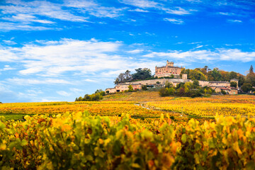 Yellow leaves and castle in Beaujolais land