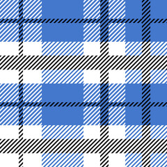 Blue and black Scotland textile seamless pattern. Fabric texture check tartan plaid. Abstract geometric background for cloth, card, fabric. Monochrome graphic repeating design. Modern squared ornament