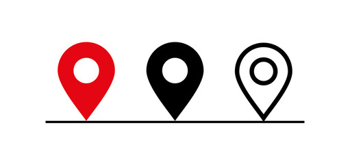 A set of geolocation map labels, marker. Map pointer icon. Address designation. GPS location symbol. Pin point sign. Raster pictogram.