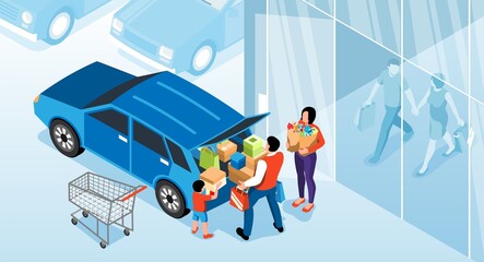 Family Shopping Horizontal Illustration