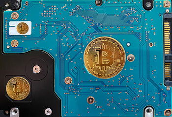 Obraz premium Digital Golden Bitcoin on Hard Disk computer. New technological economy concept.