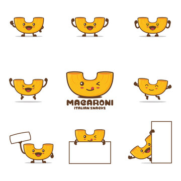 cute macaroni cartoon mascot. pasta vector illustration, with happy facial expressions and different poses